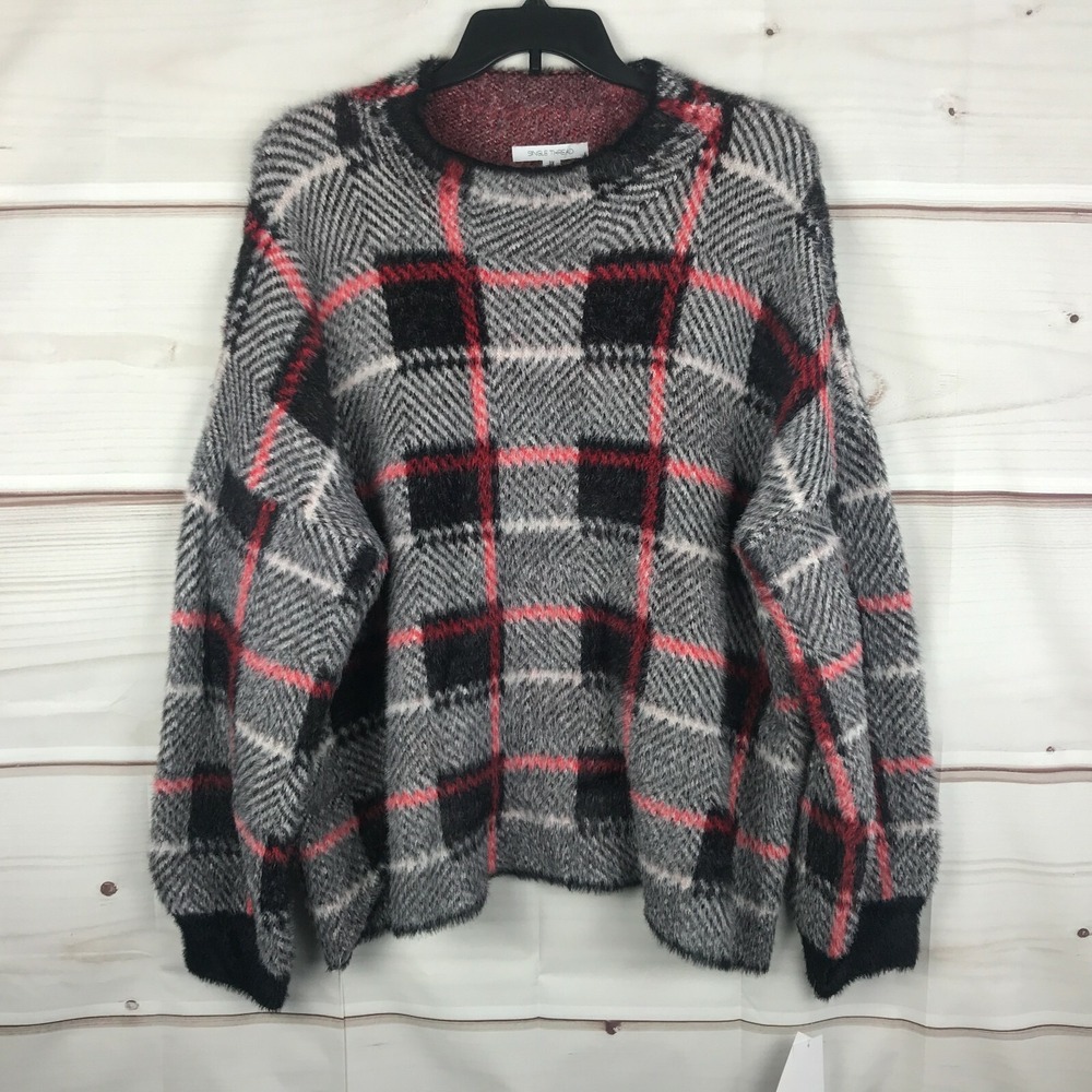 Single Thread Sweater Womens 3X Plus Plaid Crew Neck Pullover Soft Knit Black